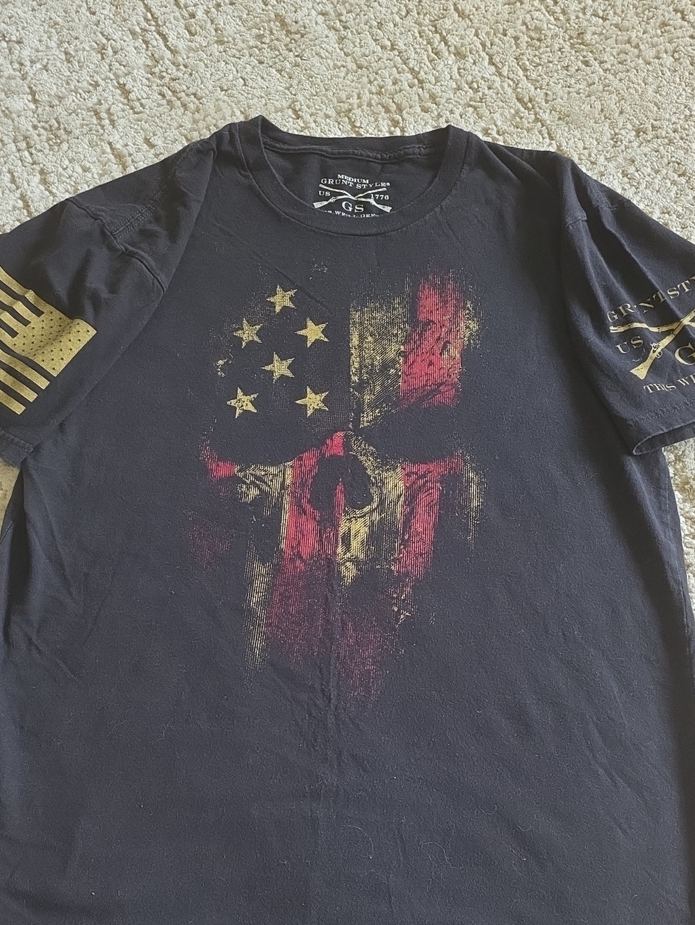 Grunt Style Black Short-Sleeve Tee with Red and Gold Flag Skull Graphic